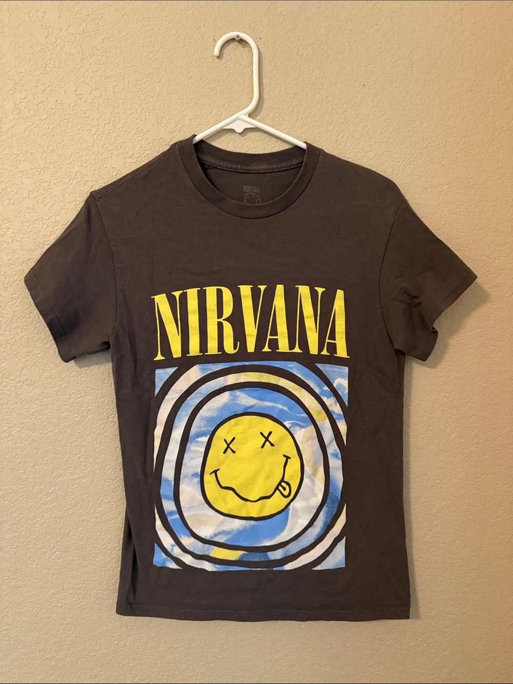 NIRVANA Brown Short Sleeve Tee with Yellow & Blue Graphic